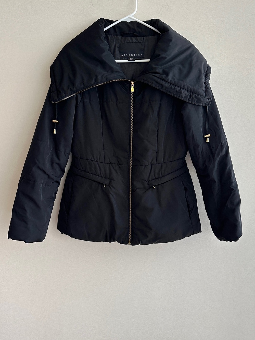 attention Black Fitted Puffer Jacket, Wide Collar, Gold Hardware, Size Small